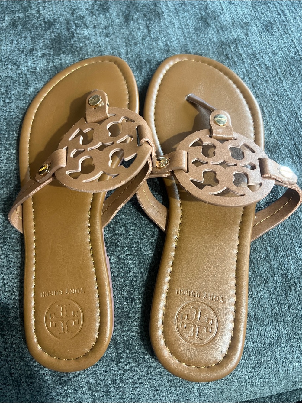 Tory Burch Tan Miller Logo Leather Thong Sandals